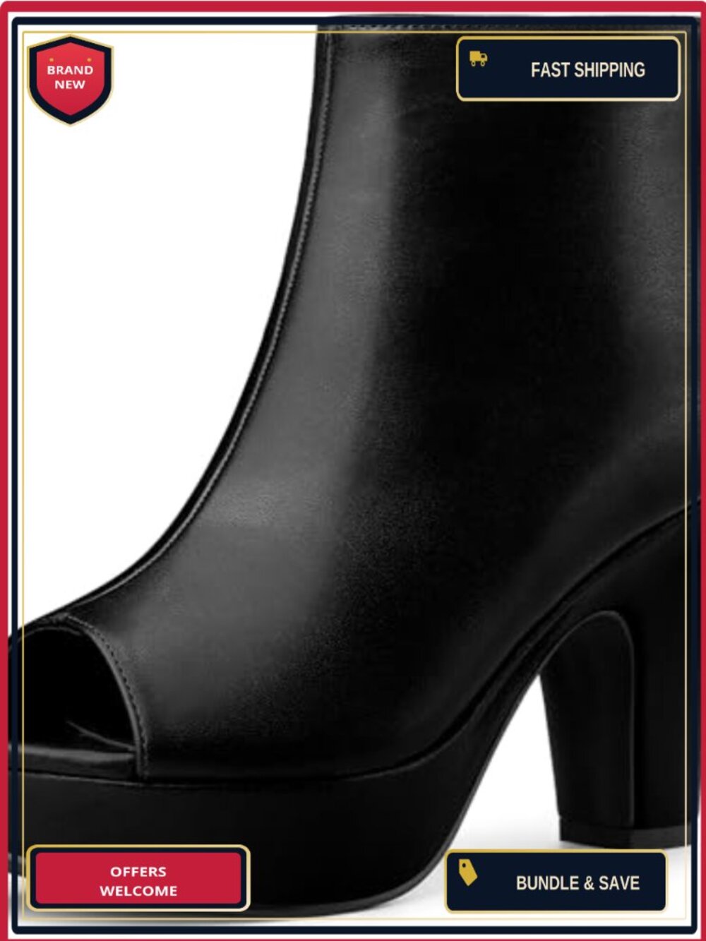 Faux Leather Peep Toe Ankle Boots Chunky Heel Platform Zip Booties